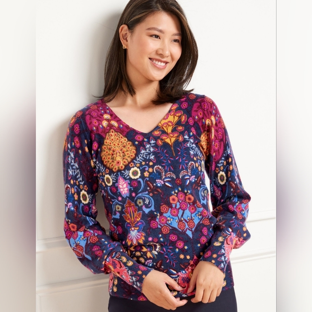 Talbots Cashmere Thin‎ Sweater Womens Petite XS P Colorful Floral Paisley $179